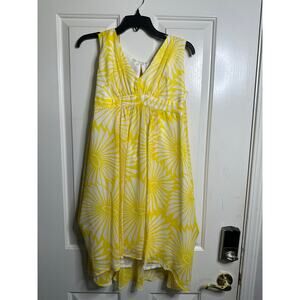 Trina Turk Cape Dress 100% Silk V-neck High low Sundress Yellow White Size 4
